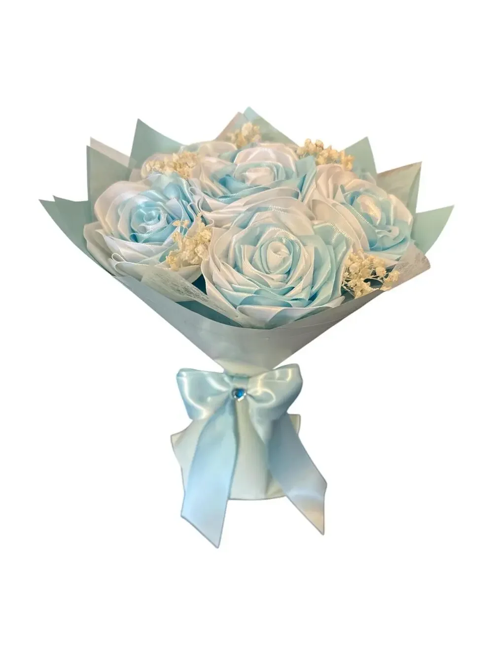 HandmadeLight Blue and White satin Rose Bouquet with Satin Ribbon